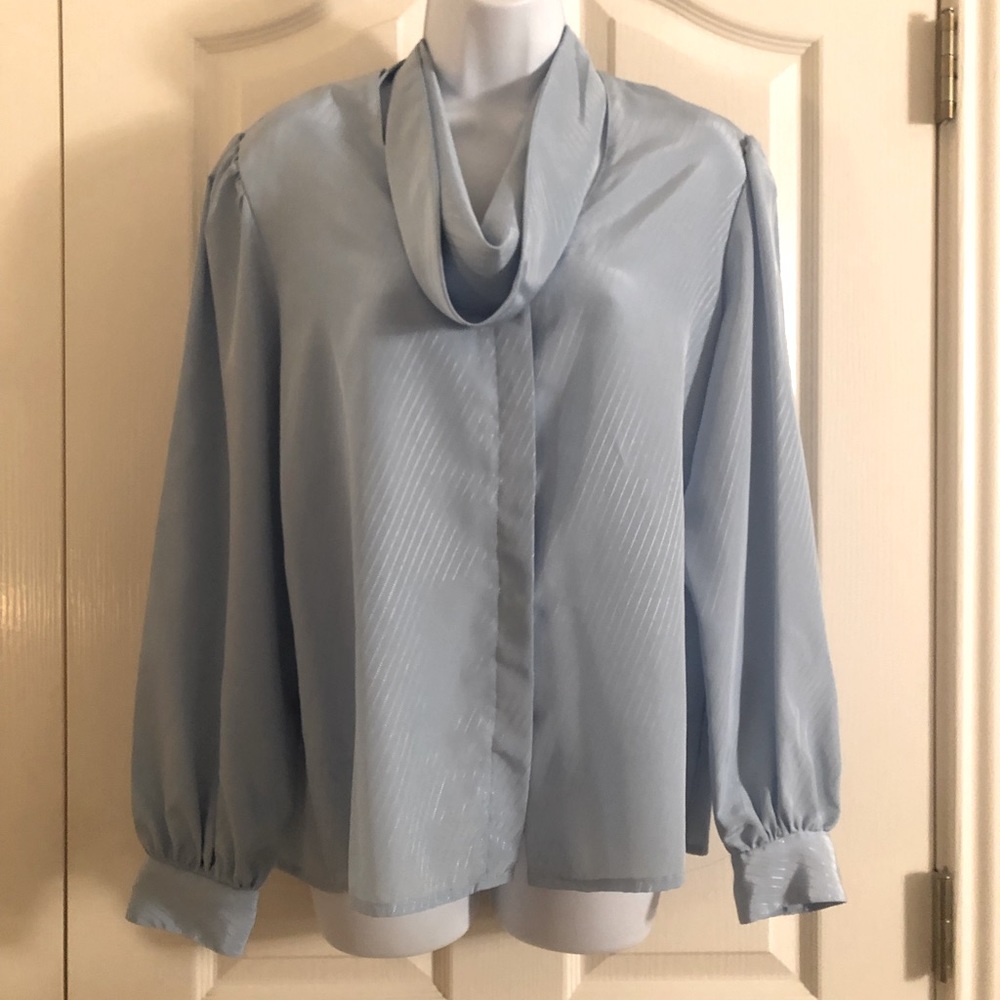 2/$12 Vintage 80s Anne Klein Silky Sky Blue Long-Sleeve Drape Top